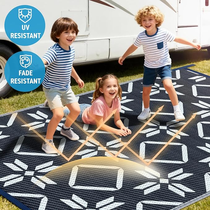 Kohree Outdoor Rug Waterproof 9x12, Reversible RV Outdoor Plastic Straw Rug Patio Mat, Non-Slip Easy Cleaning RV Carpet for Patio Camping Deck Picnic, Backyard, Includes Carry Bag (Blue)