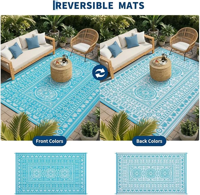 Garvee Reversible Outdoor Rug 5x8 for Patio, Waterproof Outdoor Area Rug, Boho Medallion Indoor Outdoor Carpet for Porch, Plastic Straw Rug for RV, Camping, Deck, Blue and White