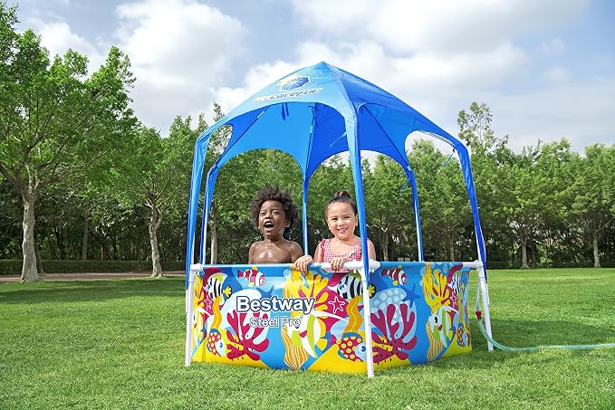 Bestway Steel Pro Frame Pool with Sun Protection Roof Splash-in-Shade Without Pump Diameter 183 x 51 cm Colourful Underwater Design Round