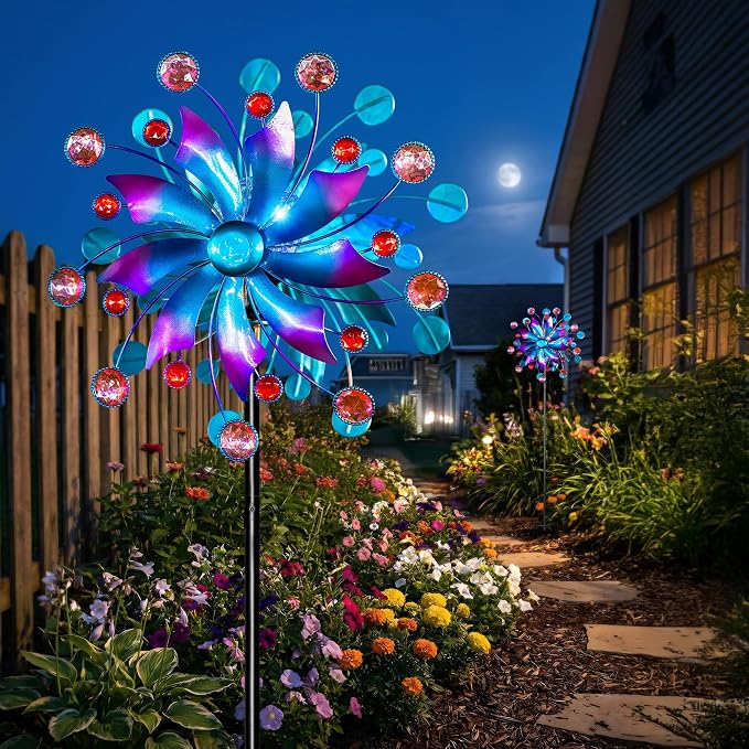 Solar Wind Spinner Outdoor - Metal Kinetic Wind Sculptures with Sparkling Jeweled Ornaments, Blue & Purple Gradient Dual-Direction Spinner, Solar LED Glass Ball Yard Art for Garden Patio Decor