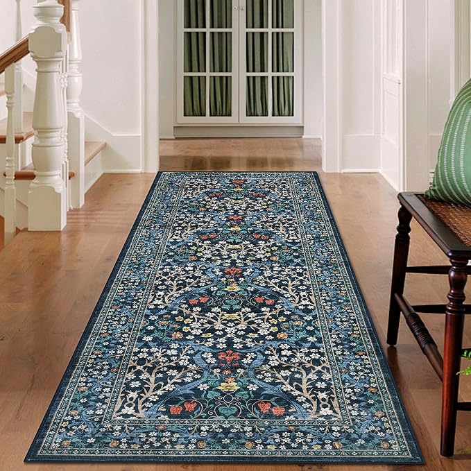 GarveeHome Blue Floral 2x6 Washable Kitchen Runner Rug | Vintage Stain Resistant Rugs for Entryway Hallway Bedroom Bathroom Low-Pile Non-Slip Soft Botanical Boho Rug TPE Backing