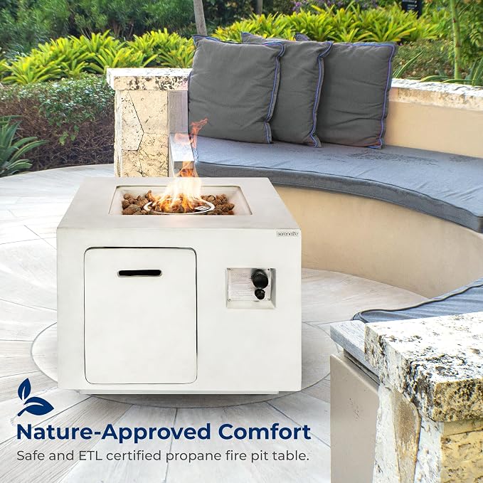 SereneLife Propane Gas Fire Pit Table - 40,000 BTU Outdoor Square Firepit with Lava Rocks, Cover, Adjustable Flame Height, and Weather-Resistant Design - Perfect for Backyard or Patio