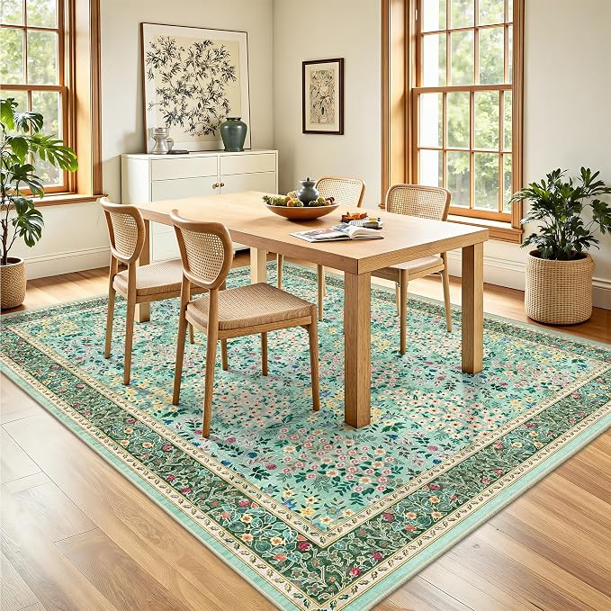 6x9 Area Rugs, Washable Floral Area Rugs for Living Room, Indoor Area Rug for Bedroom, Dining Room, Low Pile Non-Slip Non Shedding Rug(Green Floral)