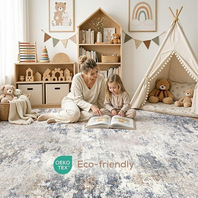 Nakagishi 10X14 Abstract Washable Area Rugs for Living Room-Blue Grey | Modern Non-Slip Silicone Backing Low Pile Soft Carpet for Bedroom Dining Decor Ideal for Families with Kids and Pets