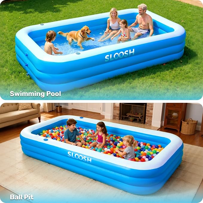 SLOOSH Inflatable Pool for Adults with Seats, 120" x 72" x 22" Full-Sized Blow Up Durable Thickened Above Ground Family Pool, Large Swimming Pools for Backyard Garden Lawn Summer Water Party, Blue