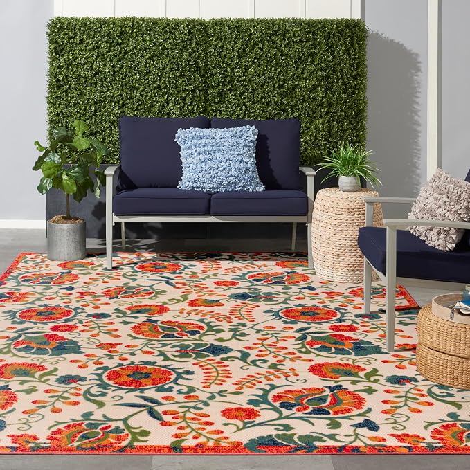 Nourison Home Aloha Red Multicolor 7'10" x 10'6" Area Rug - Easy Clean, Non Shedding, Bed Room, Living Room, Dining Room, Kitchen (8' x 11')