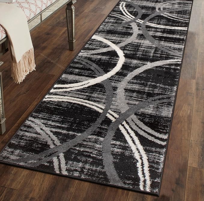 Rugshop Wavy Circles Modern Fade-Resistant Runner Rug Black 2' x 10' | Rectangular, Size 2' x 10', Living Room, Bedroom, Dining Room, Home Office, Kitchen, Entryway, Hallway, Nursery, Kids Room