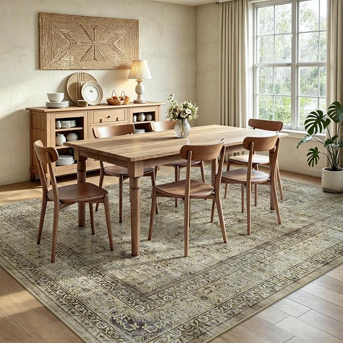 6x9 Area Rugs - Washable Vintage Retro Living Room Rug, Soft Ultra Thin Non Slip Low Pile Traditional Distressed Boho Carpet for Bedroom Dining Room Nursery Home Office, Beige Brown