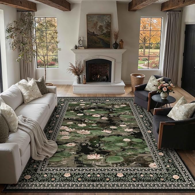 Black Area Rug 6x9 Living Room Vintage Floral Non-Slip Carpet | Machine Washable, Soft, Low Pile, Distressed, Large for Bedroom, Dining Room, Office, Impressionist Farmhouse Decor