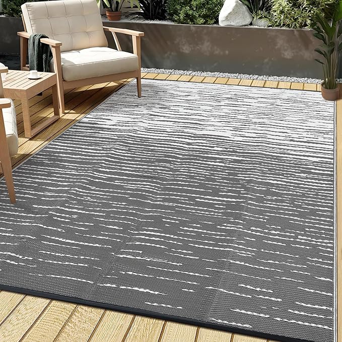 Garvee 6x9 Outdoor Rug Waterproof, Modern Striped Plastic Straw Rugs, Foldable Camping Rugs for Outside Your RV, Reversible UV Resistant Carpet for Backyard, Deck, Picnic, Balcony, Grey