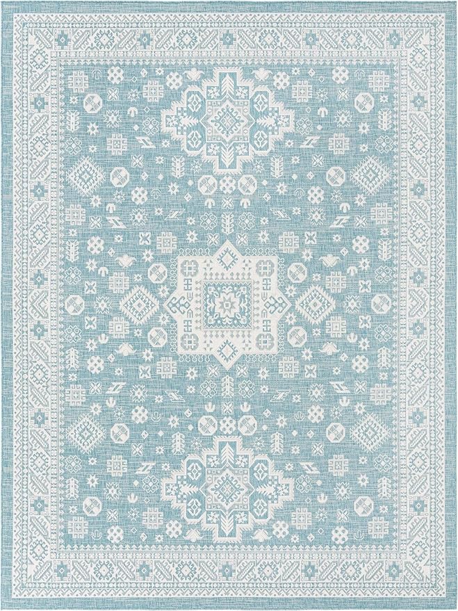 Unique Loom Outdoor Aztec Collection Area Rug - Chalca (10' x 13' 1" Rectangle, Aqua/ Ivory)