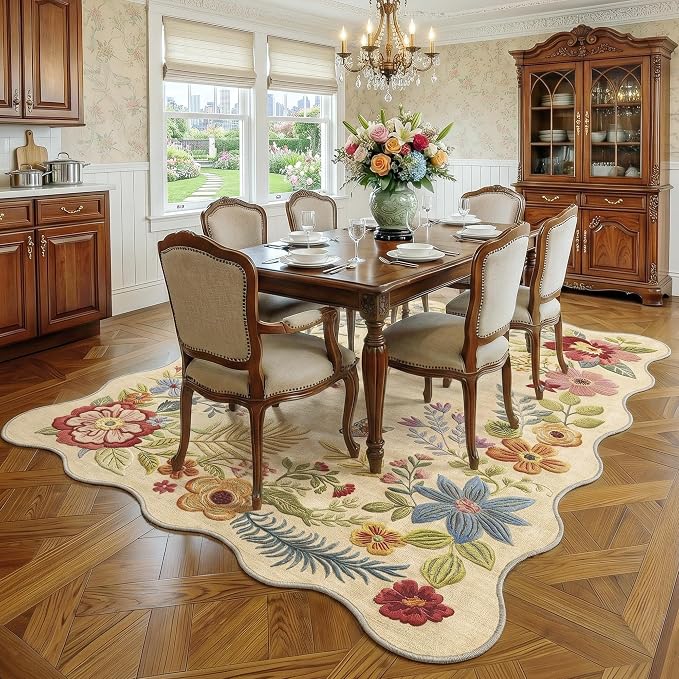FMFUNCTEX 5x8 Washable Beige Floral Boho Scalloped Area Rug for Living Room | Vintage Flower Colorful Traditional Soft Cream Non Slip Low Pile Large Pattern Indoor Thin Carpet Bedroom Dining Room Nursery