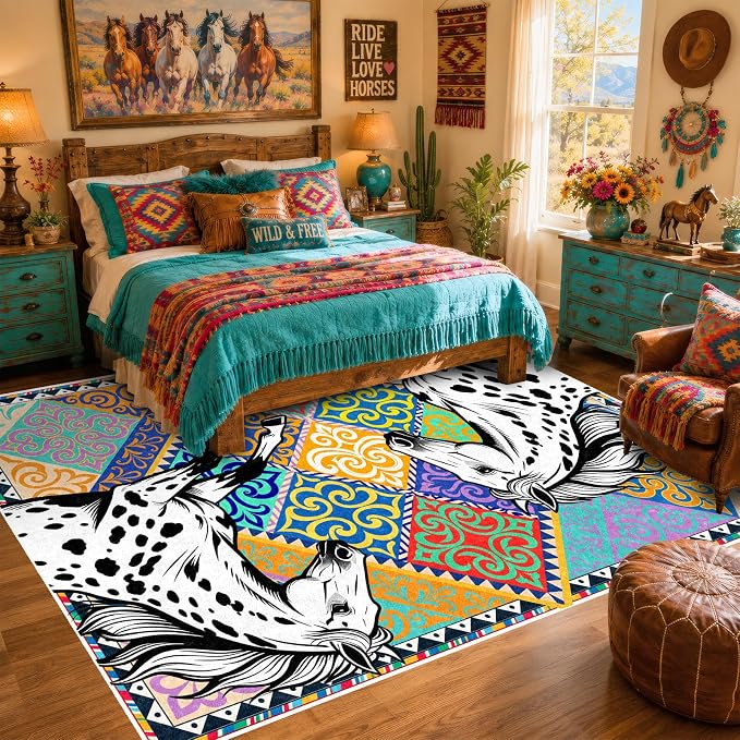 Vintage Appaloosa Horse Rug 5x7 Area Rug for Living Room ﻿ | Animal Print Rug, Boho Ethnic Geometric Pattern Rug, Non-Slip TPE Backing, Stain Resistant for Bedroom Dining Room Playroom