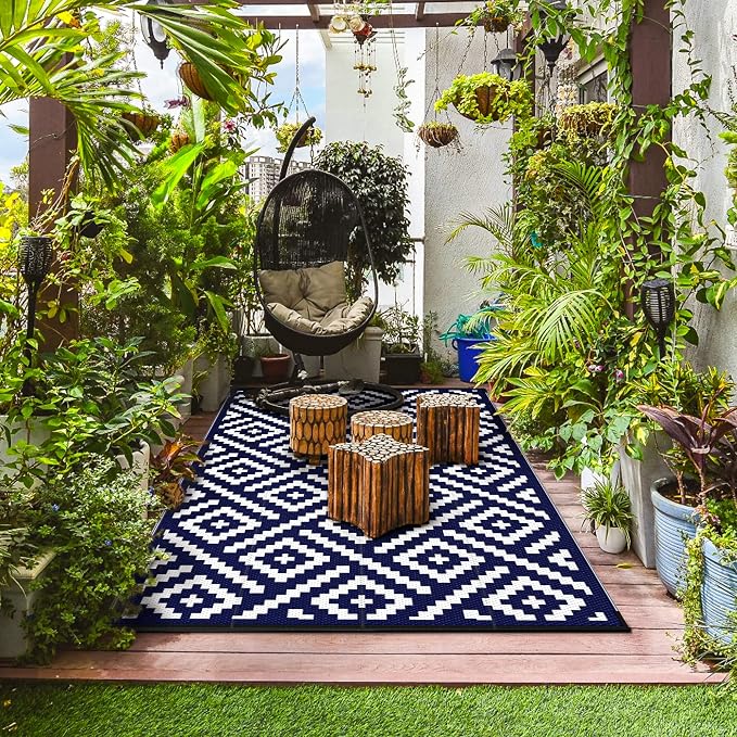 GENIMO Outdoor Rug 4'x6' Waterproof, Reversible Mats, Outdoor Area Rug, Plastic Outside Carpet, Geometric Rv Mat for Patio Camping Picnic Backyard Deck Balcony Porch Beach Trailer