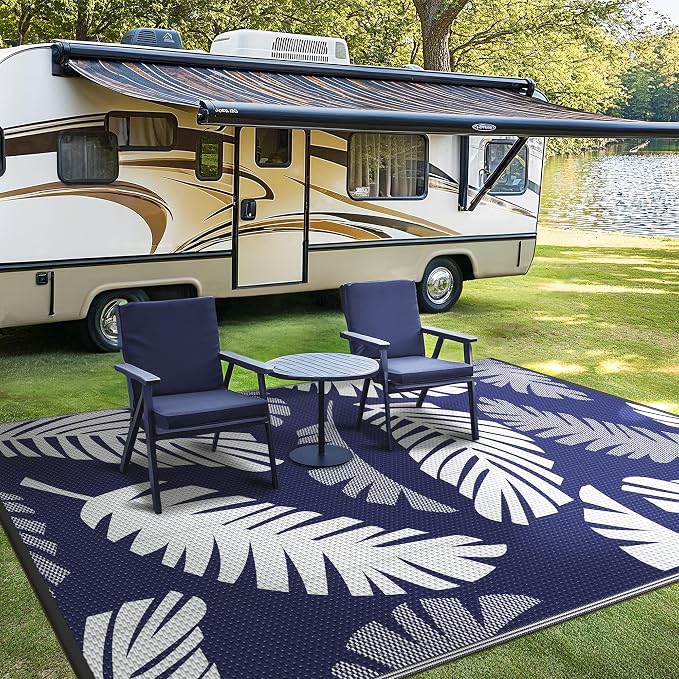 GENIMO Waterproof Outdoor Rug 6' x 9' for Patio Decor, Reversible Plastic Straw Area Rugs for Camping Clearance, RV Mat, Large Outside Carpet for Porch, Deck, Picni, Balcony, Garden, Navy Blue & White