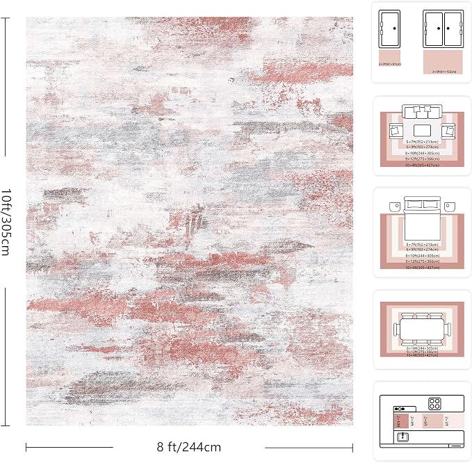 8x10 Rugs for Living Room - Modern Abstract Washable Rug, Ultra Soft Non Slip Low Pile Large Rugs, Floor Carpet for Bedroom Dining Room Office Laundry Nursery Home（Pink & Grey）