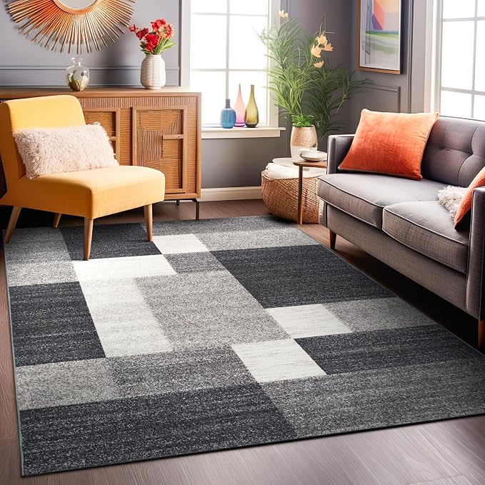 Rugshop Geometric Boxes Non-Slip Modern Living Room Area Rug Gray 6'6" x 9' | Non-Shedding, Rectangular, Size 6'6" x 9', Bedroom, Dining Room, Home Office, Kitchen, Entryway, Hallway, Nursery, Kids Room