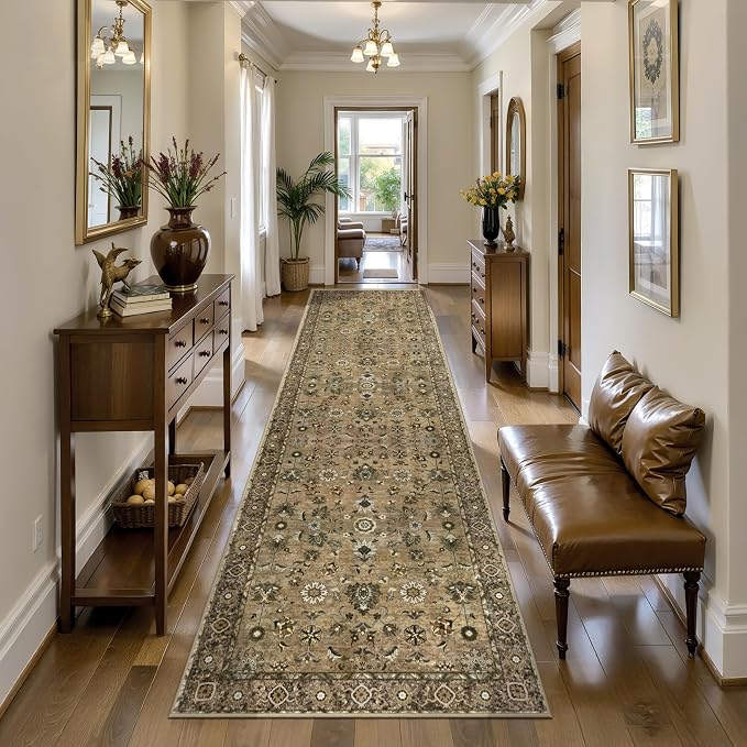 Tangsoo Brown 2.6x12 Hallway Runner Rugs Washable Runner Rug Non Slip | Vintage Soft Low Pile Long Rug Runners, Oriental Farmhouse Print Indoor Carpet Runners for Kitchen Bedroom Living Room Decor