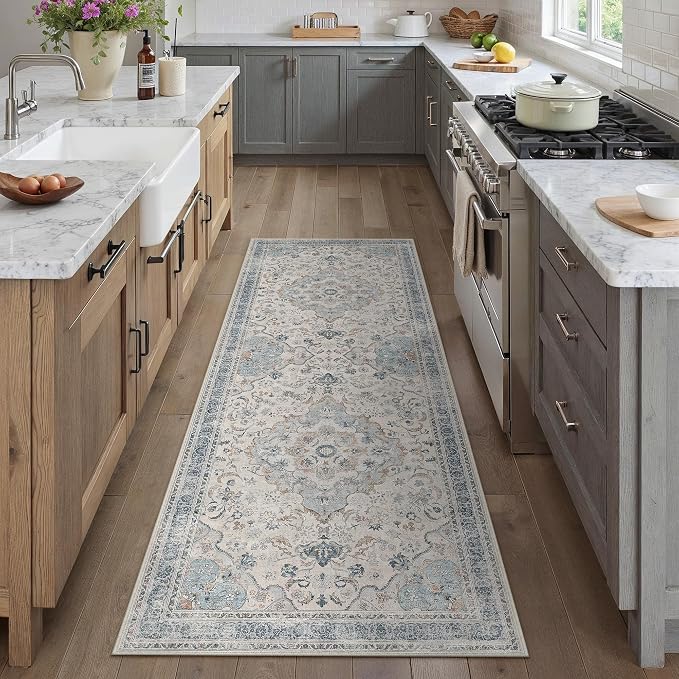 Blue Runner Rug 2.6x8 Entryway Vintage Floral Non-Slip Carpet | Machine Washable, Soft, Low Pile, Distressed, for Hallway, Kitchen, Laundry Room, Bathroom, Retro Neutral Decor