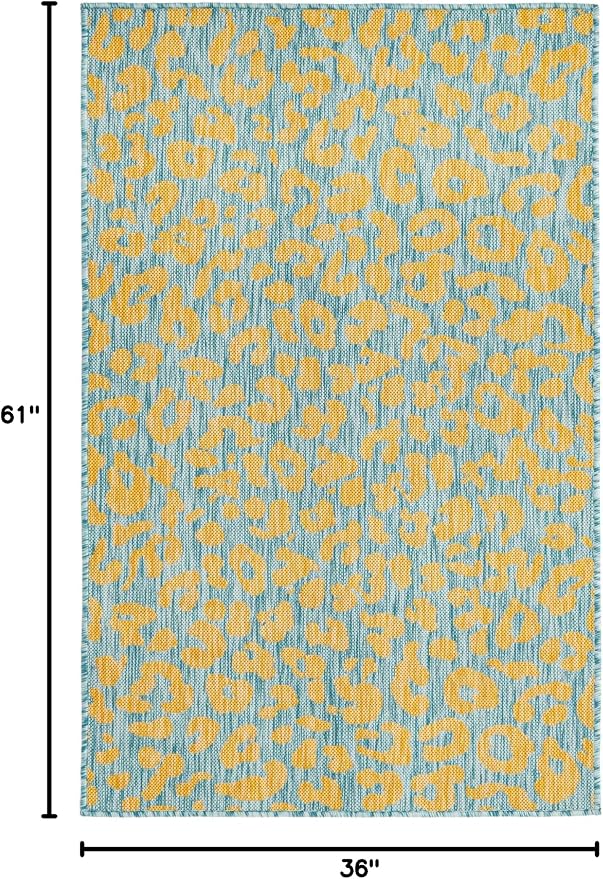 Unique Loom Outdoor Safari Collection Area Rug - Leopard (3' x 5' 1" Rectangle, Blue Yellow/ Blue)