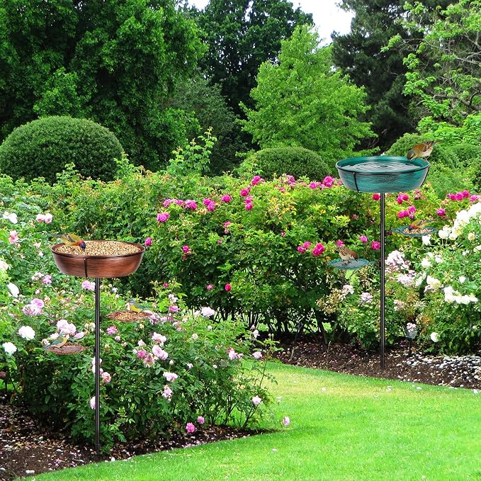 Metal Bird Bath for Outdoor 2 Pack- Garden Bird Bath with Removable Bowl Heavy-Duty Base, Winter Birdbath Feeder Rust-Proof Birdbaths for Garden Yard Lawn Decor, Easy to Install(Bronze&Green)