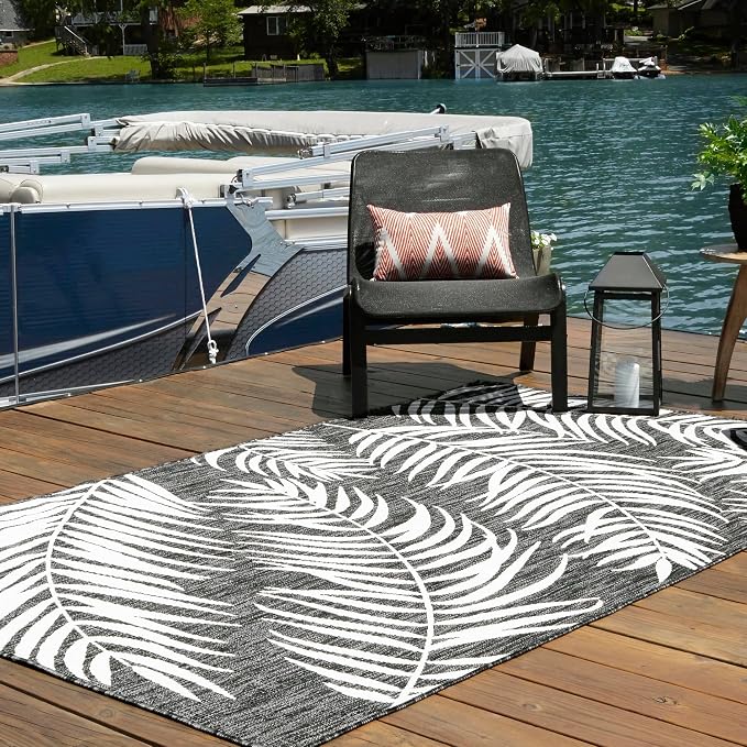 Unique Loom Outdoor Botanical Collection Area Rug - Palm (8' x 11' 4" Rectangle, Charcoal/ Ivory)