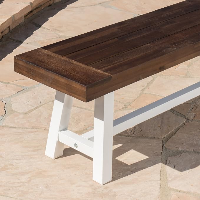 Christopher Knight Home Carlisle Outdoor Acacia Wood Dining Bench with Metal Frame, Sandblast Dark Brown / White Rustic Metal