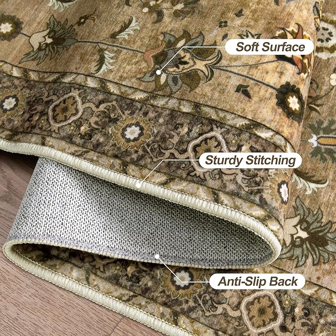Tangsoo Brown 2.6x14 Washable Runner Rugs for Hallway, Non Slip Long Rug | Vintage Floral Soft Low Pile 14ft Long Rug Runner, Farmhouse Oriental Indoor Carpet Runner for Bedroom Entryway Living Room
