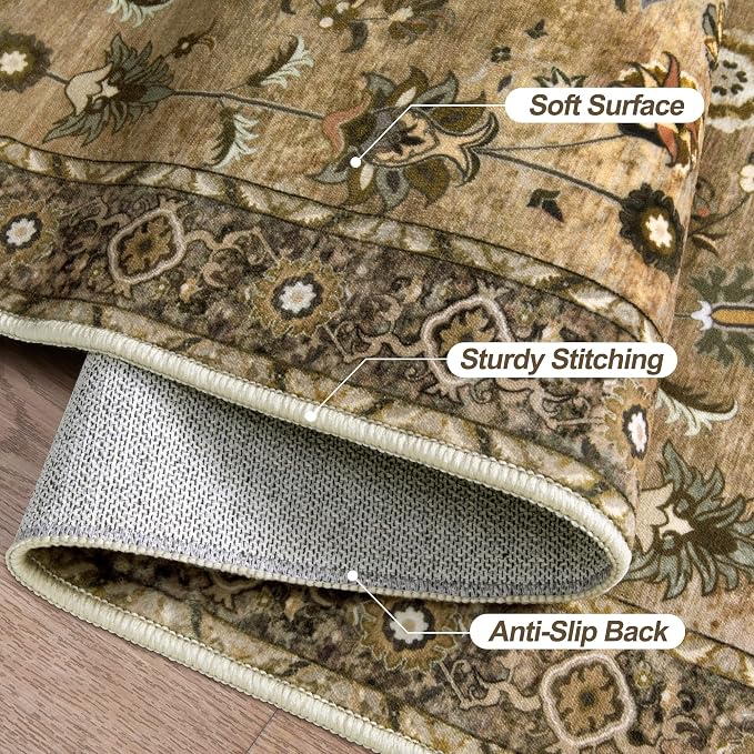 Tangsoo Brown 2x3 Washable Rugs for Entryway, Non Slip Small Area Rug | Farmhouse Accent Rug, Vintage Brown Indoor Door Rug Mat, Oriental Soft Low Pile Throw Rugs for Entrance Entry Kitchen Bedroom