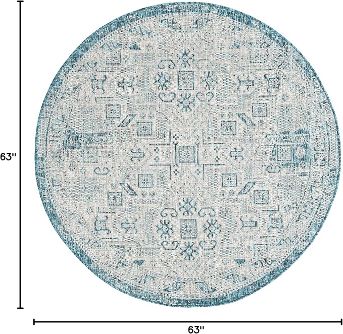 Unique Loom Outdoor Aztec Collection Area Rug - Coba (5' 3" Round, Teal/ Ivory)
