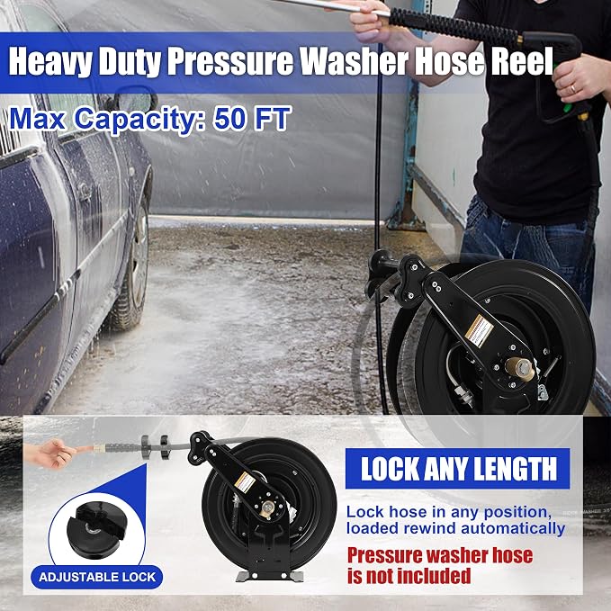 FIXFANS High Pressure Washer Hose Reel for Water/Air/Oil, 50 FT X 3/8" or 100 FT X 1/4" Steel Dual Arm Auto-Retractable Power Wash Hose Reel, Heavy Duty Hose Reel 4000 PSI