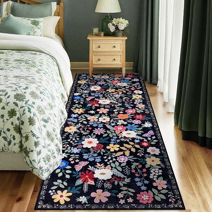 PLHXFR 2.6x8 Washable Runner Rug：Floral Indoor Kitchen Soft Carpet Black | For Hallway Bedroom Kitchen Laundry Bathroom Dorm,Vintage Floral,Machine washable,Non Slip,Stain Resistant,Indoor Floor