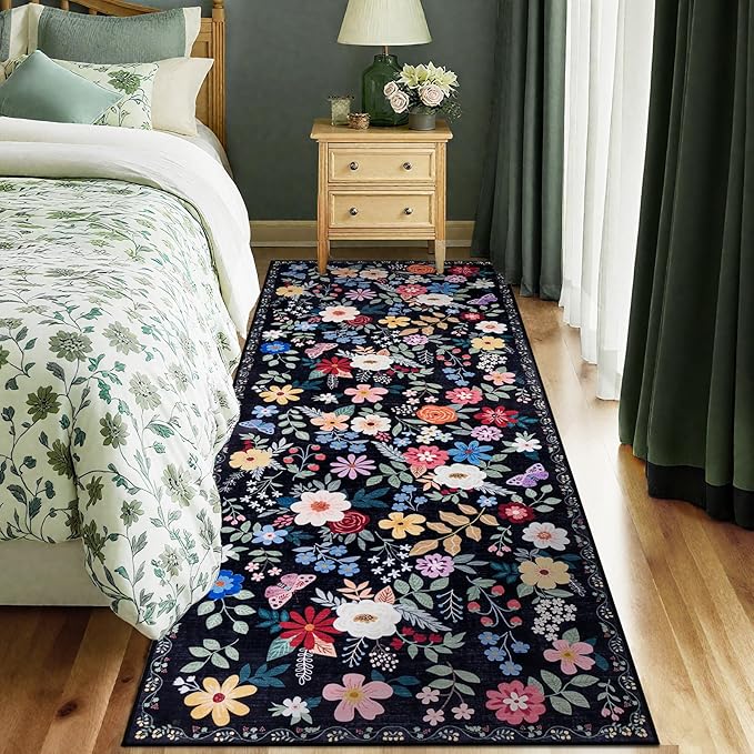 PLHXFR 2x6 Washable Runner Rug：Floral Indoor Kitchen Soft Carpet Black | For Hallway Bedroom Kitchen Laundry Bathroom Dorm,Vintage Floral,Machine washable,Non Slip,Stain Resistant,Indoor Floor