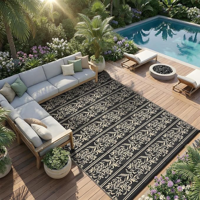 Garvee Outdoor Rugs 8x10 Waterproof Reversible Mat Boho Leaf Patio Rug with 4 Stakes and Starage Bag, Large Outdoor RV Mat Rugs for Camping, Picnic, Balcony, Deck, Backyard, Black & Brown