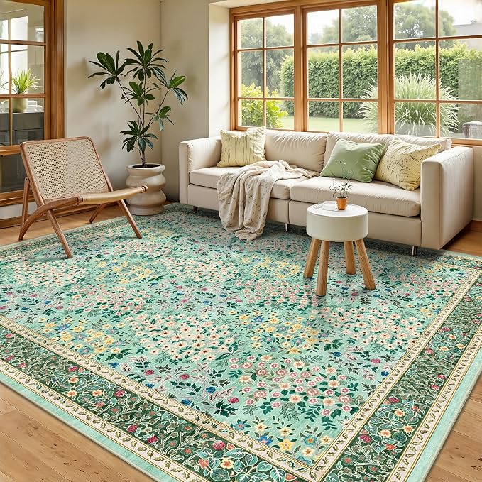 6x9 Area Rugs, Washable Floral Area Rugs for Living Room, Indoor Area Rug for Bedroom, Dining Room, Low Pile Non-Slip Non Shedding Rug(Green Floral)