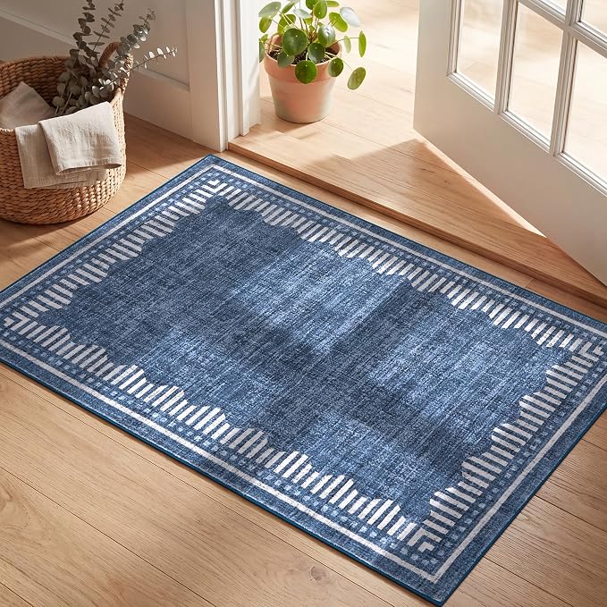 Garvee Small Area Rugs 2x3 Blue Washable Entryway Scalloped Throw Carpet | Non Slip Solid Color Low Pile Living Room Bedroom Rugs Pet Friendly Modern Geometric Kitchen Front Door Nursery Doot Mat
