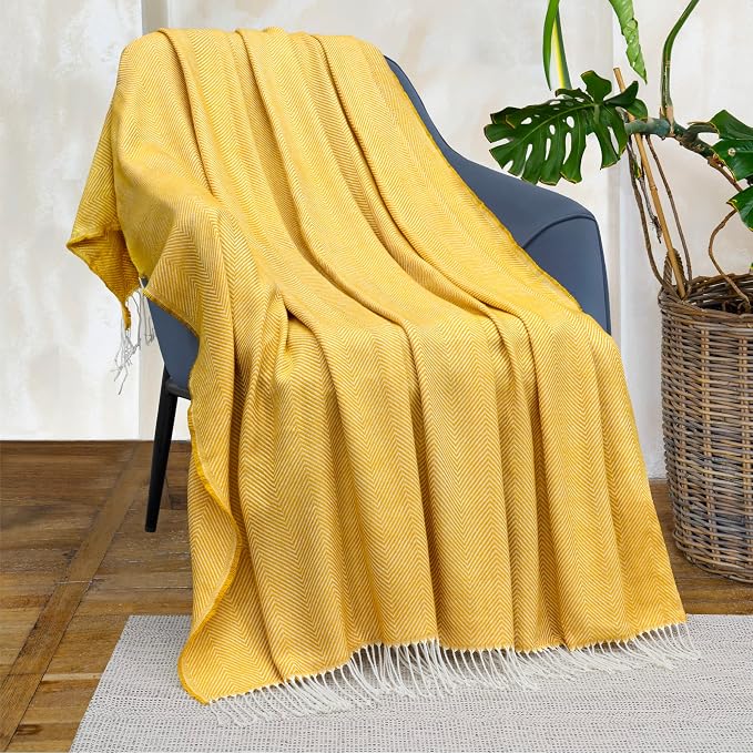 PAVILIA Yellow Herringbone Throw Blanket for Couch Bed, Decorative Outdoor Throw Blanket, Faux Cashmere Blanket Throw, Lightweight Accent Sofa Blanket Throw, 50x60