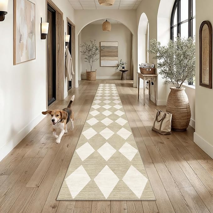 2'6x14 Washable Runner Rug Kitchen Beige Non Slip Checkered Carpet | Soft, Low Pile, Easy Clean, Diamond Pattern for Hallway, Entryway, Laundry Room, Bathroom, Modern Neutral Decor