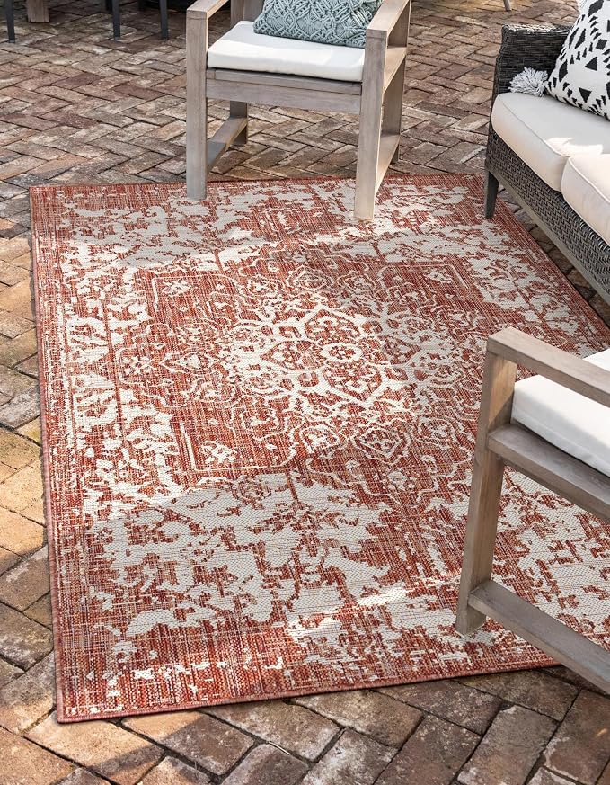 Unique Loom Jill Zarin Outdoor Collection Area Rug - Dubai (10' 8" Square, Rust Red/ Ivory)