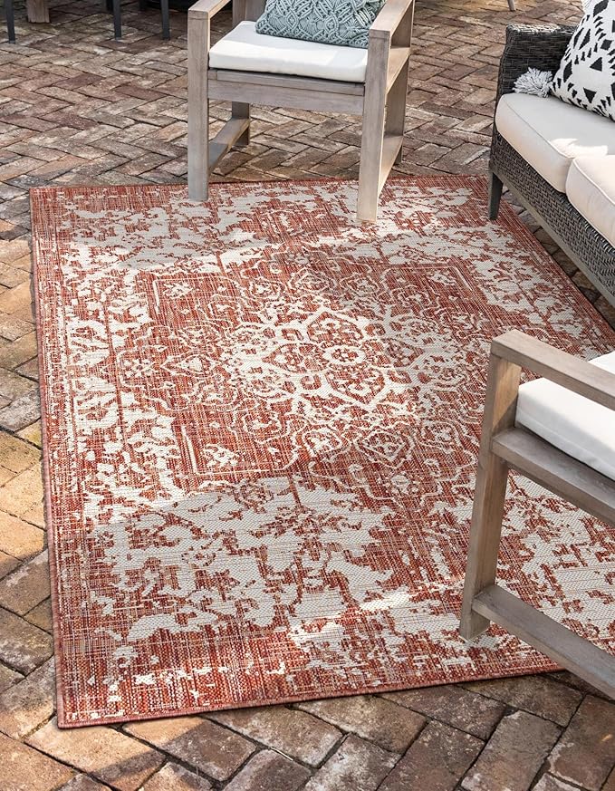 Unique Loom Jill Zarin Outdoor Collection Area Rug - Dubai (10' 8" Square, Rust Red/ Ivory)