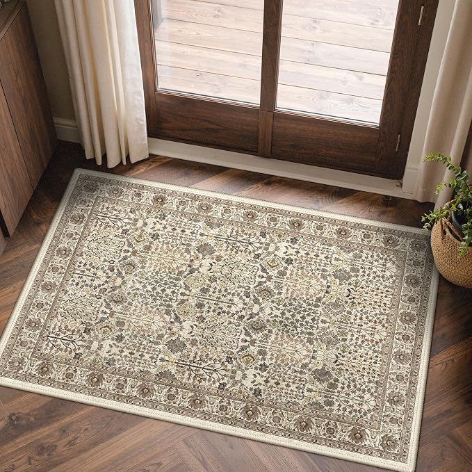 2x3 Washable Rug, Non Slip Entryway Mat, Dark Espresso | Vintage Floral Design, Spill Resistant Lightweight Low Pile Carpet for Kitchen, Hallway, Front Door, Bathroom