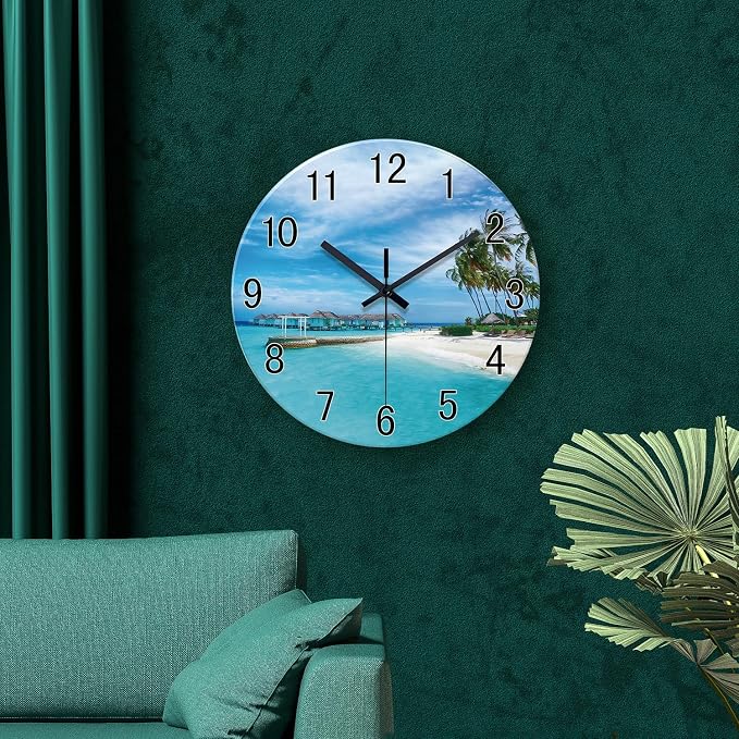 XFM Large Beach Wall Clock 20 Inch Silent Coastal Nautical | Non-Ticking Battery Operated Blue Modern Glass Decorative for Living Room Kitchen Bedroom Office