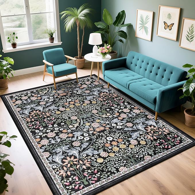 PLHXFR 6x9 Area Rug Living Room: Floral Washable Boho Carpet Dark Black | For Bedroom Dining Room Farmhouse Nursery Hallway,Vintage Floral,Machine washable,Non Slip,Stain Resistant,Large Indoor