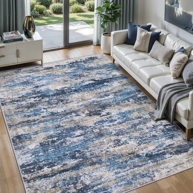 Tangsoo Abstract 4x6 Washable Rug, Modern Non Slip Rugs for Living Room | Contemporary Indoor Carpet, Soft Low Pile Floor 4X6 Area Rugs for Dining Room Bedroom Dorm Bedside Blue Grey Home Decor