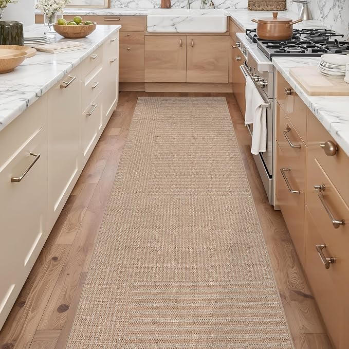 Outdoor Easy Jute Runner Rug: 2.5x8 Modern Natural Area Rugs for Front Patio Hallway Linen-Look Fabric Durable - Neutral Washable Mat for Entryway Kitchen Bedroom - Beige Stripes