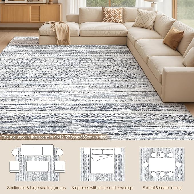 Tortania Area Rug Living Room Rugs- 9x12 Washable Large Soft Neutral Boho Moroccan Bohemian Farmhouse Rug Indoor Floor Carpet for Bedroom Under Dining Table Home Office Decor - Dark Blue