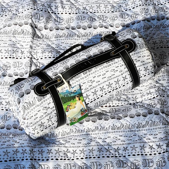 80x80” Double Thickened Picnic Blankets(150g High Density Cotton Stuffed) White Fish Pattern Outdoor Picnic Mat Portable Picnic Blanket Foldable with Leather Carry Strap Beach Blanket