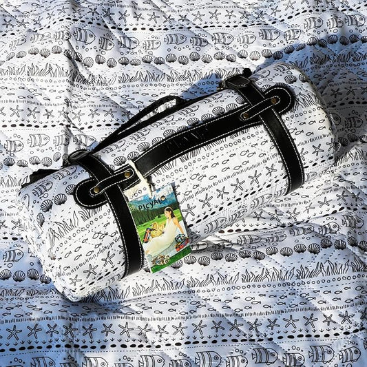 80x80” Double Thickened Picnic Blankets(150g High Density Cotton Stuffed) White Fish Pattern Outdoor Picnic Mat Portable Picnic Blanket Foldable with Leather Carry Strap Beach Blanket