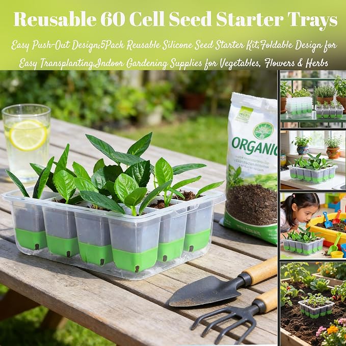 NestNature 5-Pack Seed Starter Tray Set|Reusable 60Cell Seed Starter Trays | Flexible Germination Trays For Plants|Seed Trays With Flexible Pop-Out Design&Dishwasher Safe For Herbs,Vegetables,Flowers