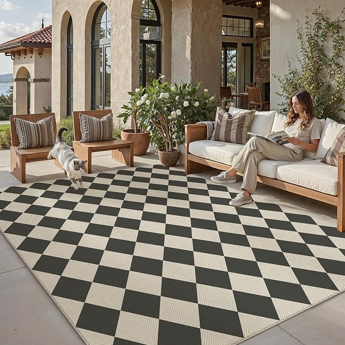 PureCozy 9x12 Checkered Chevron Pattern Area Rug for Living Room Large Checkerboard Washable Indoor Outdoor Carpet Farmhouse Patio Office Mat Geometric Non Slip Black Carpet for Backyard Dining Room